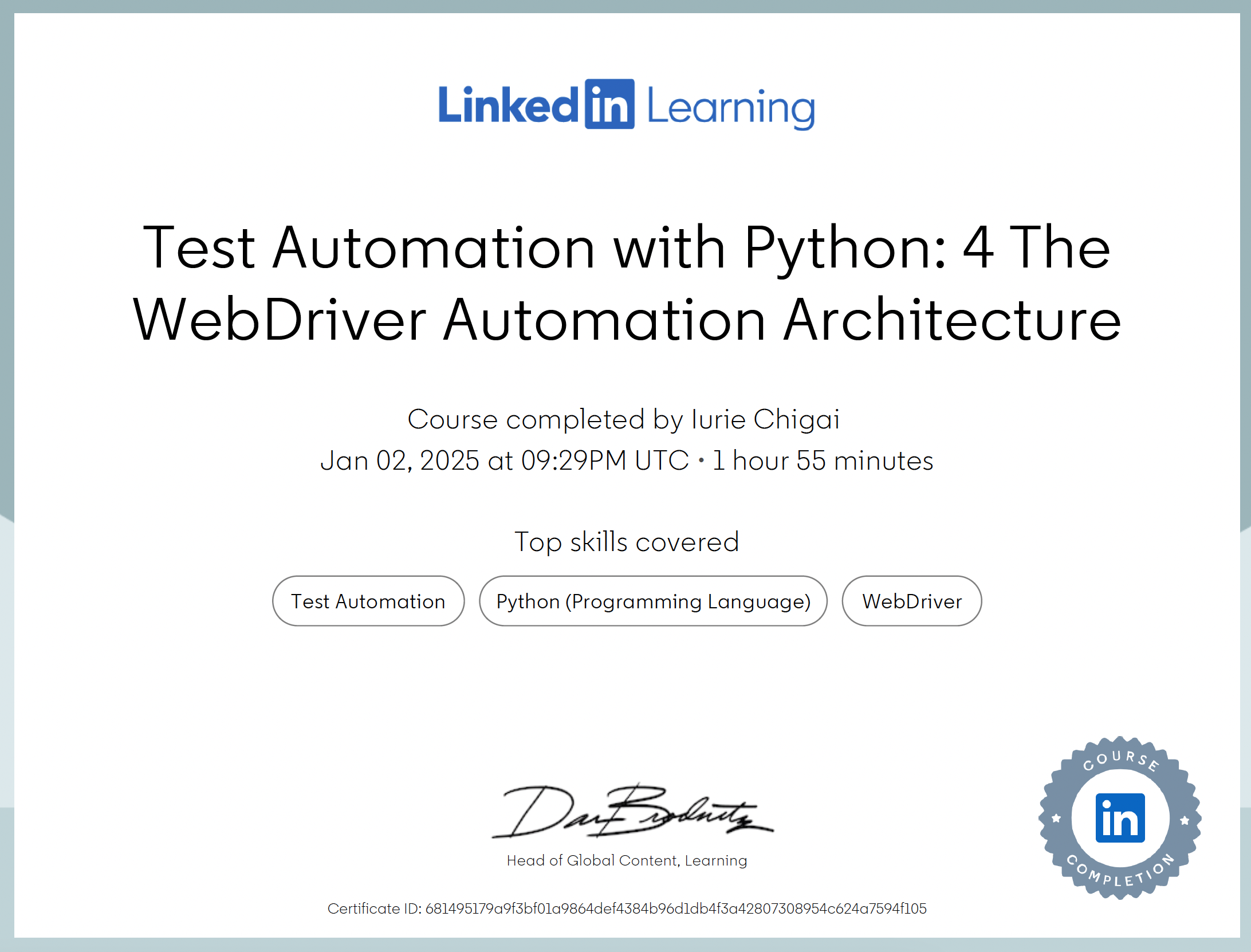Test Automation with Python certificate issued by Linkedin